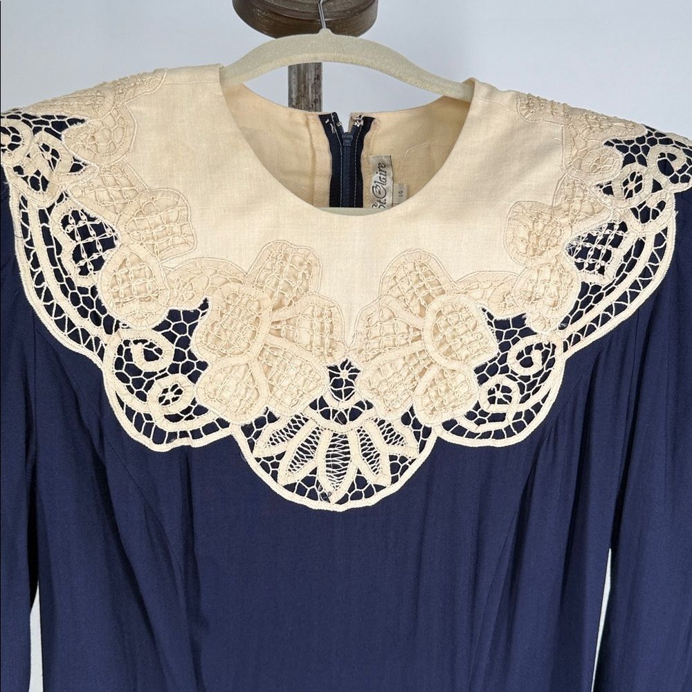 Marie St Claire Dress Wm 14 Vintage Blue 80s Crochet Collar Victorian Style - Picture 4 of 14